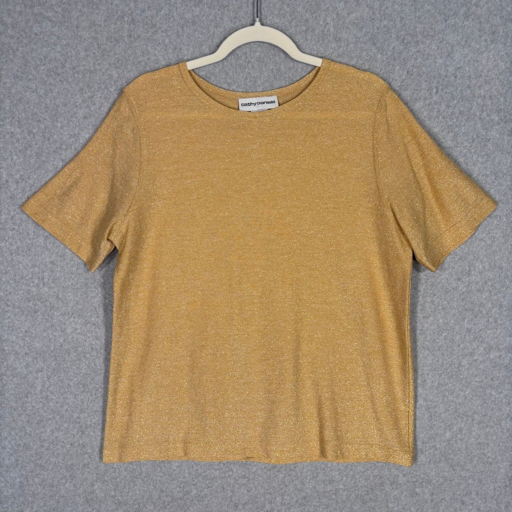 Vintage 90s Cathy Daniels Metallic‎ Knit Top Large Gold Shimmer Sparkle Glam